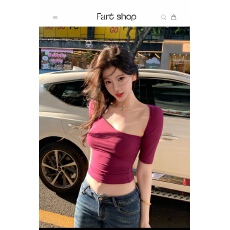 批发紫色斜领不规则短袖t恤女夏季设计性感纯欲<b class='q'>修身</b>辣妹短款露脐上衣