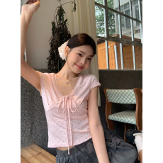 批发法式波点蕾丝边V领系带短袖t恤女2026年夏季新款<b class='q'>修身</b>显瘦气质上衣