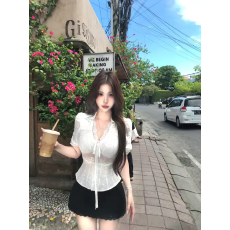 批发纯欲风蕾丝拼接V领短袖衬衫女夏季时尚性感辣妹系带收腰显瘦上衣