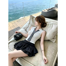 批发格纹拼接领带v领无袖T恤女夏季藏蓝色<b class='q'>修身</b>收腰辣妹风显瘦百搭上衣