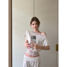批发夏季纯欲风美肩法蕾蕾丝拼接斜肩短袖T恤女设计感收腰显瘦上衣潮