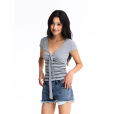 批发灰色假两件条纹v领短袖t恤女夏季百搭气质设计感<b class='q'>修身</b>显瘦正肩上衣