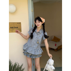 批发韩系彩点荷叶边格纹POLO领短袖衬衫女夏季学院风收腰显瘦漂亮上衣