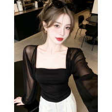 批发纯欲辣妹网纱拼接灯笼袖收腰长袖t恤女夏季新款凉感微透性感上衣