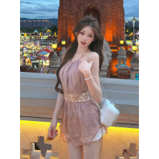 批发法式气质重工腰钻设计v领挂脖上衣女<b class='q'>春</b>夏新款高级感褶皱收腰吊带
