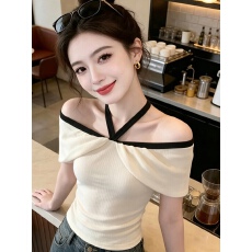 批发法式复古撞色方领短袖<b class='q'>t</b><b class='q'>恤</b>女夏季设计感小众气质系带修身显瘦上衣