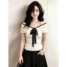 批发法式复古撞色方领短袖<b class='q'>t</b><b class='q'>恤</b>女夏季设计感小众气质系带修身显瘦上衣
