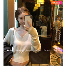 批发v领蝙蝠袖针织衫女早秋季法式收腰显瘦气质纯欲内搭打底<b class='q'>长袖</b>上衣