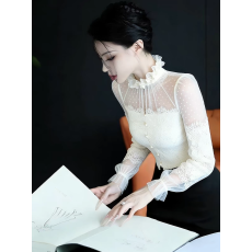 批发重工复古蕾丝<b class='q'>波点</b>上衣女春秋洋气轻奢高级感花边网纱拼接收腰<b class='q'>衬衫</b>