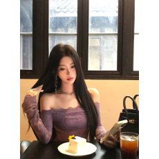 批发纯欲风紫色蕾丝一字肩连衣裙女夏季性感辣妹修身显瘦<b class='q'>长袖</b>包臀短裙