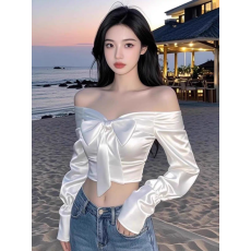 批发法式高级感一字肩缎面蝴蝶结<b class='q'>长袖</b>衬衫女名媛气质内搭别致短款上衣