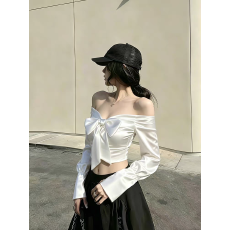 批发法式高级感一字肩缎面蝴蝶结<b class='q'>长袖</b>衬衫女名媛气质内搭别致短款上衣