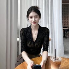 批发法式V领蕾丝打底衫女风衣内搭洋气纱衣小衫秋冬仙气<b class='q'>西装</b>网纱上衣