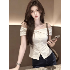批发设计感一字肩露锁骨无袖衬衫女装2026<b class='q'>夏</b>季新款高级感修身开叉上衣