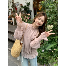 批发韩系小众温柔风高领褶皱<b class='q'>衬衫女</b>2026秋季新款气质超好看喇叭袖上衣