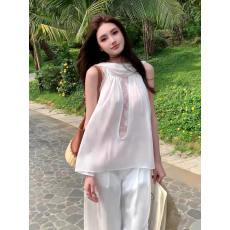 批发白月光超仙蕾丝拼接飘带挂脖<b class='q'>无袖</b>上衣夏季新法式宽松设计感<b class='q'>雪纺衫</b>