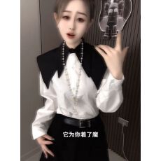 批发韩版时尚撞色假两件双层领长袖<b class='q'>衬衫女</b>春秋新款设计感气质减龄上衣