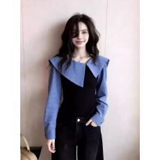 批发复古撞色条纹翻领长袖<b class='q'>衬衫女</b>春秋新款不规则独特修身显瘦外穿上衣