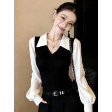 批发黑色灯笼袖翻领拼接假两件修身<b class='q'>衬衫女</b>2026秋季法式气质老钱风上衣