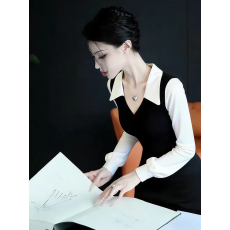 批发黑色灯笼袖翻领拼接假两件修身<b class='q'>衬衫女</b>2026秋季法式气质老钱风上衣