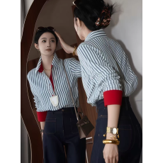 批发法式气质条纹翻领早秋季<b class='q'>衬衫女</b>2026新款气质通勤宽松显瘦衬衣上衣