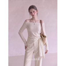 批发法式一字肩<b class='q'>蕾丝</b>上衣女刺绣收腰系带蝴蝶结设计感露肩显瘦长袖小衫