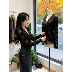 批发法式别致V领打底<b class='q'>蕾丝</b>衫女秋冬新款独特修身显瘦内搭长袖气质上衣