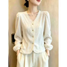 批发法式<b class='q'>蕾丝</b>边V领衬衫女早秋泡泡长袖独特漂亮巨好看短款上衣高级感