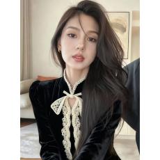 批发黑色蝴蝶结领丝绒上衣女装2026冬季<b class='q'>轻熟</b>气质名媛独特漂亮叠穿衬衣