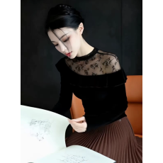 批发韩系黑色圆领拼接<b class='q'>蕾丝</b>边长袖衬衫女2026早秋新款显瘦时尚气质上衣