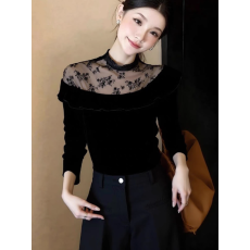 批发韩系黑色圆领拼接<b class='q'>蕾丝</b>边长袖衬衫女2026早秋新款显瘦时尚气质上衣