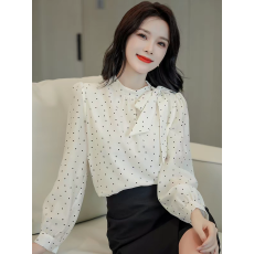 批发法式甜美蝴蝶结系带波点衬衫女春季新款侧边绑带<b class='q'>雪纺衫</b>长袖上衣