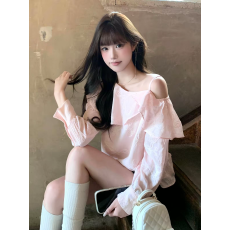 批发粉色纯欲风荷叶边露肩长袖衬衫女秋季设计感小众宽松叠穿<b class='q'>雪纺上衣</b>