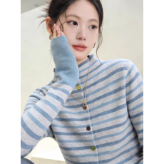 批发蓝灰撞色条纹半高领条纹打底针织开衫女2026早秋季巨好看高级上衣