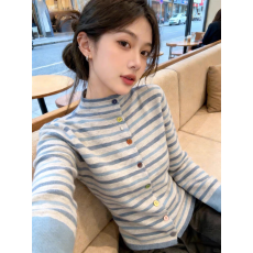 批发蓝灰撞色条纹半高领条纹打底针织开衫女2026早秋季巨好看高级上衣