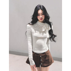 批发杏色纯欲<b class='q'>蕾丝</b>蝴蝶结绑带长袖打底衫女装2026早秋穿搭修身内搭上衣