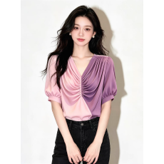 批发V领<b class='q'>短袖</b>渐变色上衣女高级感显瘦气质褶皱设计感轻奢洋气撞色衬衫
