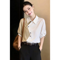 批发夏季超火减龄设计感上衣撞色拼接漂亮独特衬衣气质显瘦<b class='q'>短袖</b><b class='q'>衬衫女</b>
