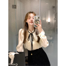 批发法式复古宫廷系带小香风蝴蝶结衬衫女春秋温柔木耳边长袖<b class='q'>雪纺上衣</b>
