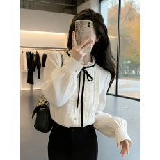 批发法式复古宫廷系带小香风蝴蝶结衬衫女春秋温柔木耳边长袖<b class='q'>雪纺上衣</b>