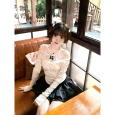 批发一字肩蝴蝶结长袖T恤女秋季修身短款上衣<b class='q'>蕾丝</b>吊带背心叠穿两件套
