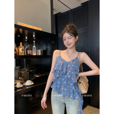 批发蓝色碎花荷叶边吊带背心女2026夏季新款不规则飘带<b class='q'>雪纺衫</b><b class='q'>无袖</b>上衣