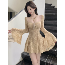 批发法式纯欲蕾丝刺绣方领长袖连衣裙生日<b class='q'>礼服</b>约会裙子秋季千金风短裙