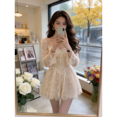 批发法式温柔风方领蕾丝连衣裙女2026秋季新款设计感收腰显瘦仙女短裙