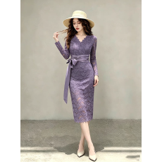 批发纯欲辣妹蕾丝花边V领长袖连衣裙女秋季新款修身显瘦高级感<b class='q'>包臀裙</b>