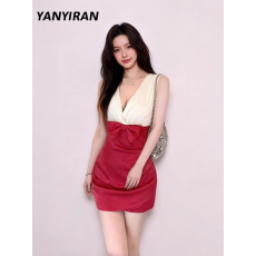 批发法式撞色拼接蝴蝶结背心<b class='q'>连衣裙</b>女<b class='q'>夏</b>季新款高级感收腰显瘦包臀短裙
