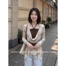 批发美式复古晕染假两件荡领长袖T恤<b class='q'>不规则</b>修身百搭挂脖设计感上衣潮