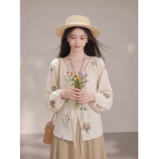 批发韩系氛围感杏色刺绣薄款<b class='q'>衬衫</b>女2026年早秋长袖系带小众慵懒风上衣