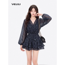 批发法式复古藏青色V领碎花<b class='q'>雪纺</b>衫女2026夏季薄款宽松显瘦长袖防晒衣