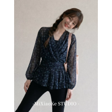 批发法式复古藏青色V领碎花雪纺衫女2026夏季薄款宽松显瘦长袖<b class='q'>防晒衣</b>